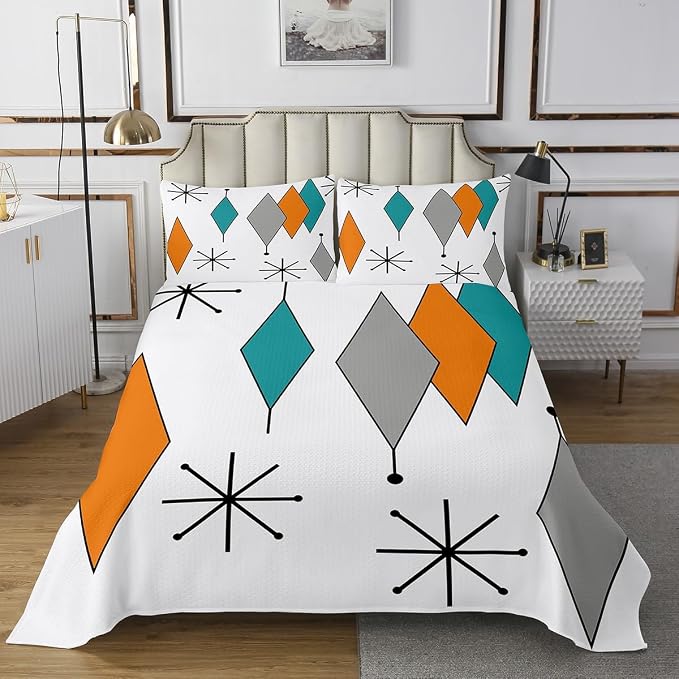 Erosebridal Colorful Aesthetic Coverlet King Size Diomand Bedding Set, Retro Atomic Bedspread Set Modern Mid Century Quilt Set, Bohemian Minimalist Bed Set Breathable 3pcs