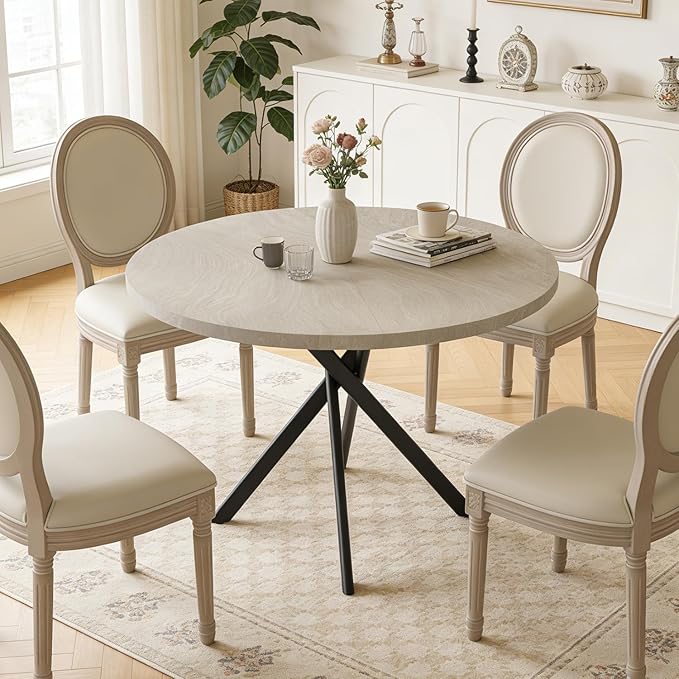 44" Round Dining Table for 4, Modern Mid-Century Dining Kitchen Table of 4, Cozy Dinette Round Table with Metal Leg for Kitchen Dining Room Apartment, Gray