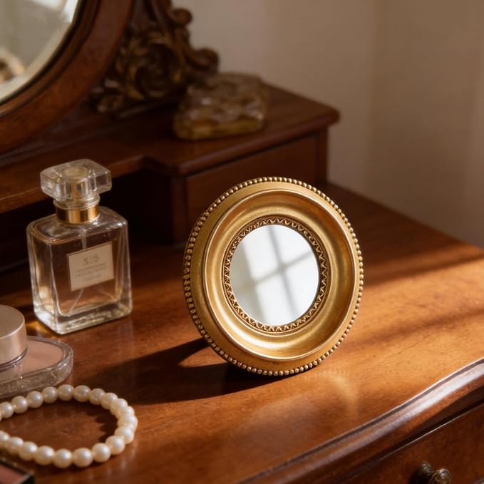 Golden Mini Vintage Mirror with Exquisite Relief Elegant Wall Decor for Bedroom Dresser Table Compact Resin Retro Design (Gold Round 02, 4.7 X4.7)