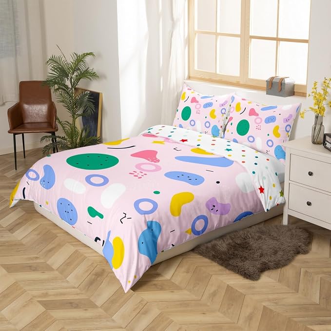 Rainbow Cow Print Bedding Set Memphis Pattern Old Fashioned Comforter Cover King,Geometric Abstract Colorful Dots Duvet Cover 80s 90s Retro Bed Set,Multicolor Vintage 80'S Style 1980S Home Decor