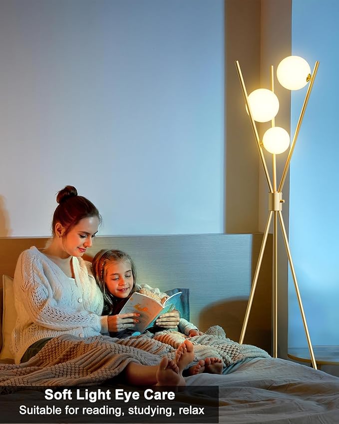 Lightdot Globe Modern Floor Lamp Stepless Dimmable Gold Tripod Standing Lamps with 3PCS 3000K Bulbs Included Stable Based Mid Century Modern Floor Lamp for Living Room/Bedroom/Sofa Beside/Corner Decor