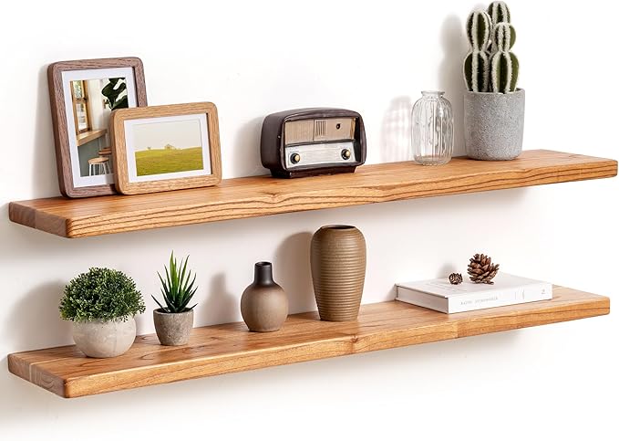 Fun Memories 40 Inch Floating Shelves, Rustic Solid Wood Wall Shelves Set of 2, 8 Inch Deep Floating Shelf for Bathroom, Bedroom, Heavy-Duty Wooden Shelf Wall-Mounted for Home Decor & Storage