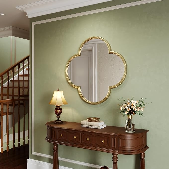 Vintage Wall Mirror Decor - 31.5" Large Antique Gold Four-Leaf Clover Mirror with Rope-Like Frame, Wall Decorative Mirrors for Living Room, Bedroom, Fireplace, Bathroom