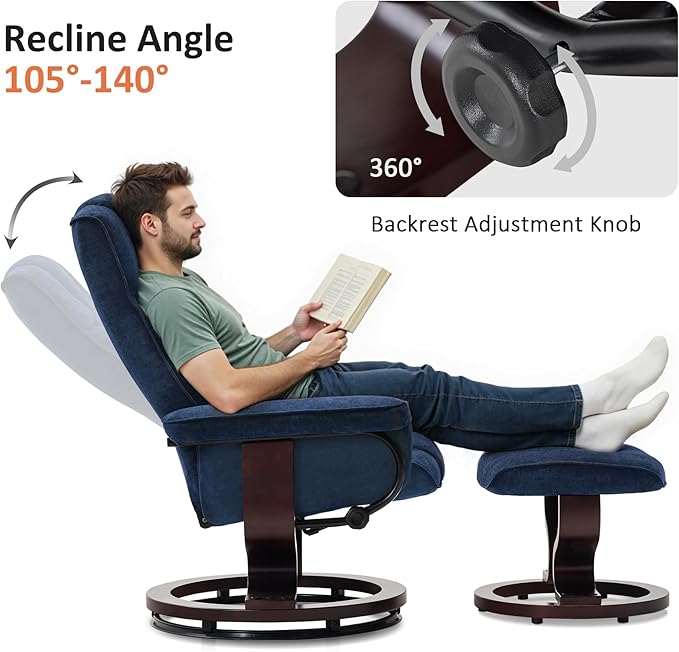 MCombo Manual Swivel Recliner with Ottoman, Chair Ottoman Set for RV Small Spaces, Living Room, Bedroom, Office 9019 4919 (Textile, Blue)