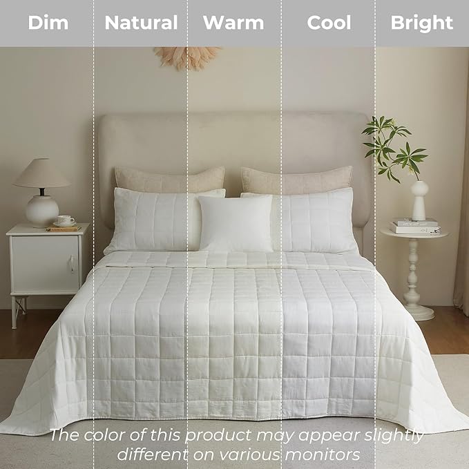 Powdion 100% French Linen Quilt King, Pre-Washed Linen Front Cotton Back Quilt Comforter Breathable Bedding Set for All Season, Lightweight Cotton Quilt King Size, 3 Pieces Cream Bedspread