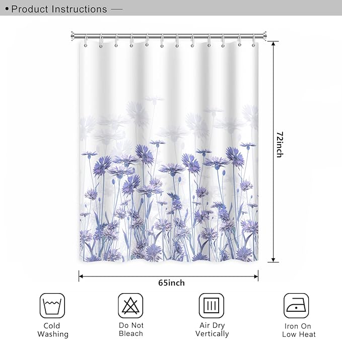 Purple Flower Shower Curtain for Bathroom Spring Floral Nature Wild Botanical Shower Curtain Waterproof Polyester Fabric Modern Art Aesthetics Home Decor Bath Curtain with Hooks, 65x72 Inch