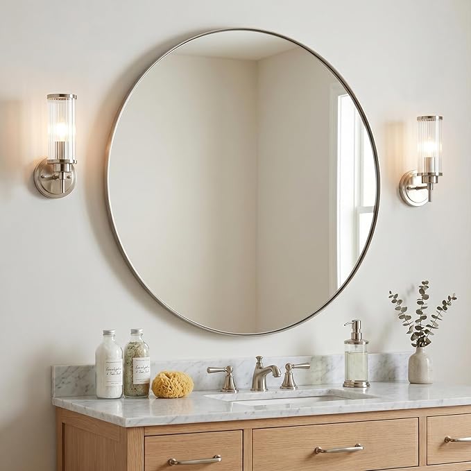 ANDY STAR Circle Mirror, Large Round Brushed Nickel Bathroom Mirror, Silver Round Vanity Mirror, Seamless Thin Metal Frame, 1" Deep Wall Mounted, Perfect for Oversized Space