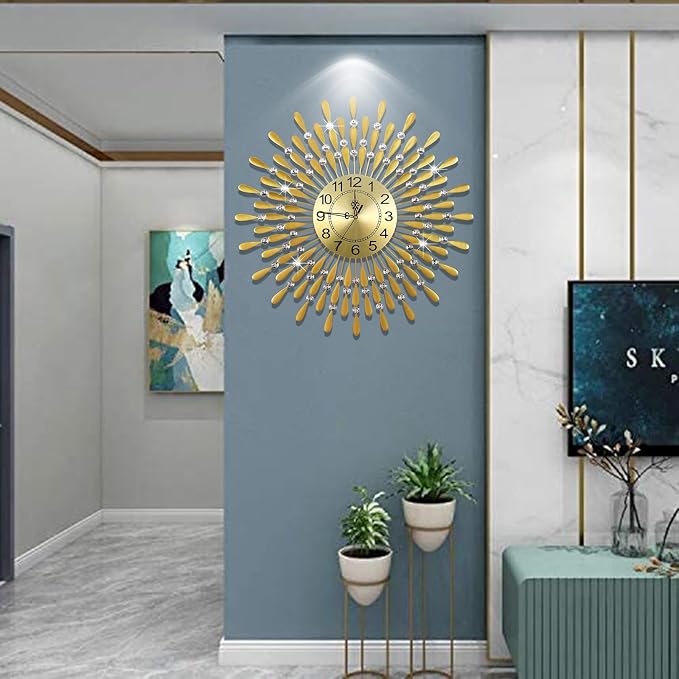 Large Wall Clock Metal Decorative Wall Clocks 3D Non-Ticking Silent Quartz Clocks with Arabic Numerals for Living Room Home Kitchen Decor