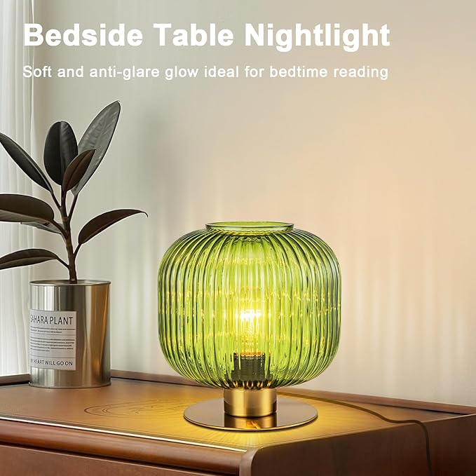 Glass Globe Table Lamp, Mid Century Modern Green Table Lamp, Vintage Gold Bedside Lamp with Ribbed Glass Shade, Cute Desk Lamp Small Decorative Lamp for Bedroom Nightstand Living Room End Table