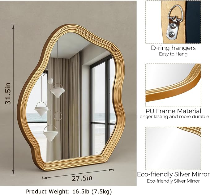 SHYFOY Antique Gold Wall Mirror, Asymmetrical Decorative Mirror for Wall Decor, Irregular Large Ornate Mirrors for Living Room, Wavy Abstract Cloud Mirror, 31.5" L x 27.5" W