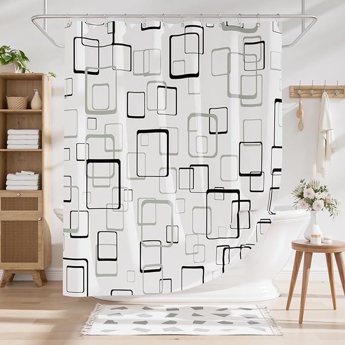AmazerBath Shower Curtain Grey, Geometric Plaid Cloth Shower Curtain Sets with 12 Shower Curtain Hooks, Washable Fabric White Shower Curtain, Luxury Farmhouse Bathroom Shower Curtain, 72x72 Inches
