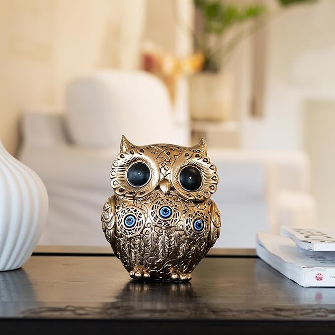 Owl Statue Home Decor Accents with Evil Eye.Gold Decor for Bookshelf, Bedroom, Living Room, Office, Table and Shelf.Vintage Owl Figurines Gifts for Birds Lover.Cute Small Animal Sculptures.
