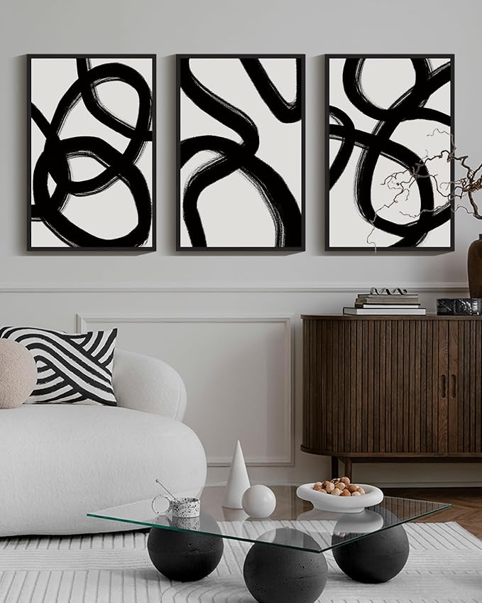 Drsoum Lager 16x24in Black and Gray Abstract Framed Wall Art Decor Duotone Minimal Dark Brush Stroke Prints Shapes Illustrations Modern Art Decorative Ready To Hang - Black Framed