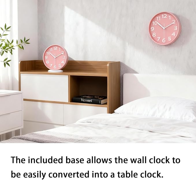 JENLYSTIME 8 Inch Vibrant Pink Modern Wall Clock – Silent Non-Ticking, Bold 3D Numbers, Precise Quartz Movement | Decorative Desk & Wall Clock with Stand for Home, Kitchen, Bedroom, or Office