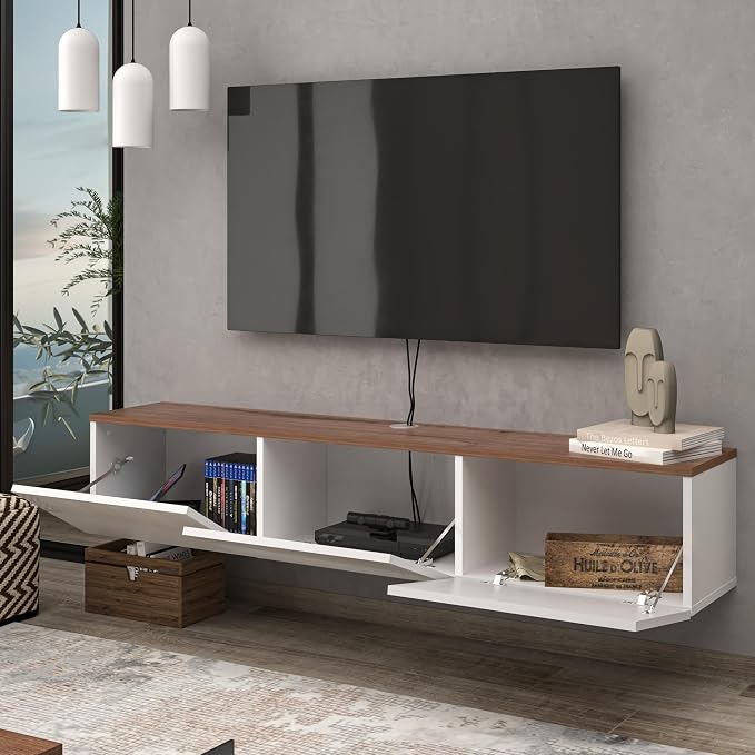 Floating TV Stand Glossy White for 65-80 Inch TV, 63" Wall Mounted TV Stand with Storage, White and Wood Floating Entertainment Center with Cable Management, Floating Media Console for Living Room