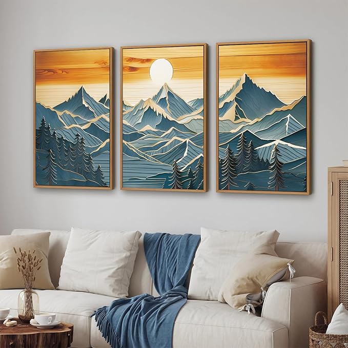 Tinonedraw Large Mountains Framed Canvas Wall Art Set of 3, Boho Nature Woodcut Forest Art Prints, Mid Century Modern Wall Decor, Sunset Landscape Art Paintings for Living Room Bedroom Office 24"x36"