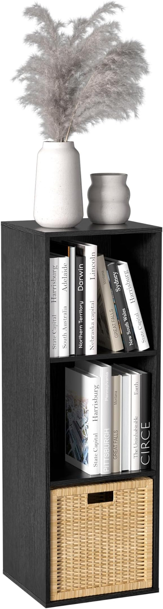 Wooden Cube Storage Organizer with Closed Back Panel,Black Cube Shelf Cubby Storage Organizer with Compartments for Living,Bookshelf,Storage Organizers (Black, 3 Cube-11in)