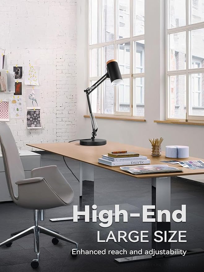 TORCHSTAR Tall Swing Arm Desk Lamp with Wooden Accent, Adjustable Large Size Max Height 31", E26 Base Metal Task Lamp, Office Desktop Lamp with On/Off Switch, for Reading, Study, Workbench, Black