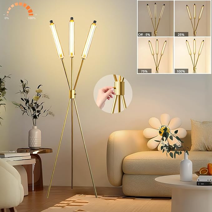 Lightdot LED Tripod Floor Lamps for Living Room, Stepless Dimmable Modern Standing Tall Lamp with 360° LED LampHead,Mid Century Industrial Floor Lamp for Bedroom/Sofa Beside/Corner Decor-Gold