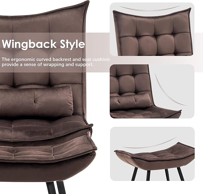 MCombo Accent Chair with Ottoman, Modern Velvet Wingback Lounge Chair, Upholstered Club Chair for Small Space, Living Room & Bedroom 4079 (2, Brown)