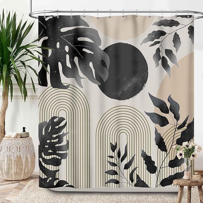Mid Century Leaf Shower Curtains,Boho Grey Tropical Plant Palm Leaves Abstract Minimalist Geometic Modern Bathroom Curtain Waterproof Fabric Machine Washable with Hooks,72x72Inch