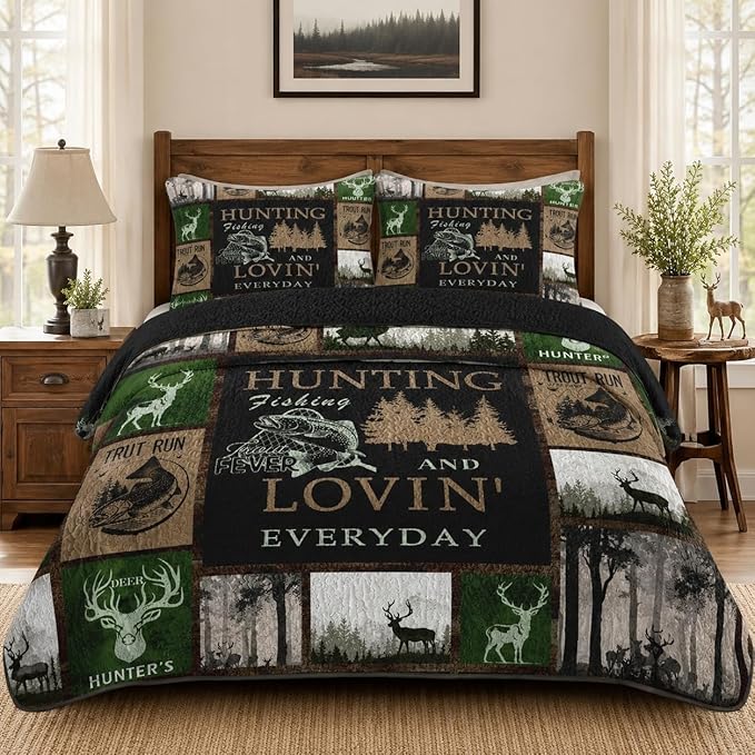 Pamnest Quilt Set King Size, Cabin Deer Animal Tree 3 Pcs Soft Bed Cover Bedding Set for Kids and Adults, Rustic Mountains Gray Lightweight Bedspread Coverlet with Pillow Sham for All Season