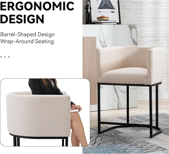 Contemporary Cream Linen Bar Stools Set of 2, 24" Upholstered Fabric Counter Height Barstools Kitchen Counter Island Stools with Black Metal Base, Cream