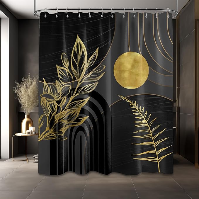 Black and Gold Shower Curtain Boho Mid Century Black and Dark Grey and Gold Shower Curtains for Bathroom Decor, Waterproof Cloth Fabric with Hooks, 70" W x 84" L
