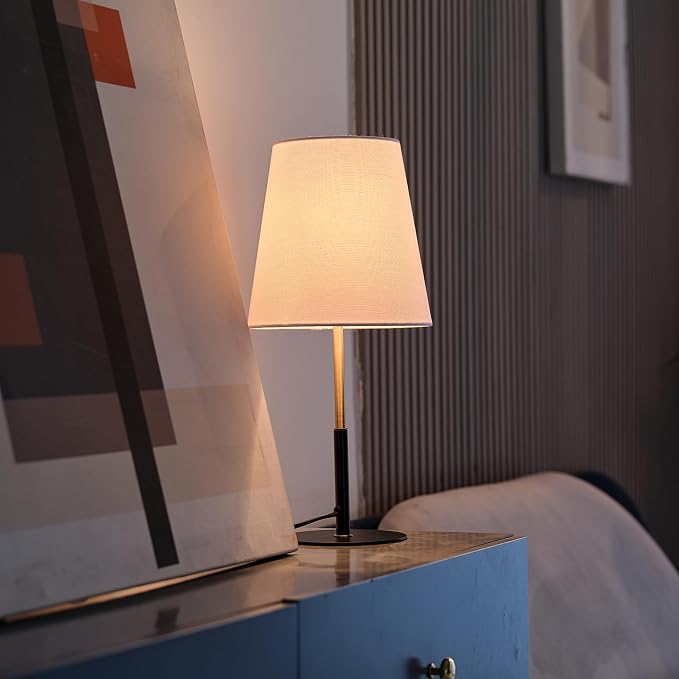 GLOBE Electric 61000045 16" Table Lamp, Matte Black, Brass Accents, White Linen Shade, On/Off Rotary Switch on Socket, Table Lamps for Living Room, Bedroom, Office, Den, Apartment Essentials