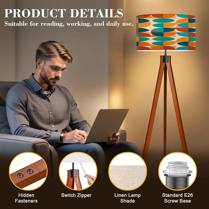 Wood Tripod Floor Lamp Abstract Geometric Blue Orange Colors Mid Century Mid Century Standing Lamp Linen Shade Dimmable Modern Tall lamp Home Decor for Living Room Bedroom Office