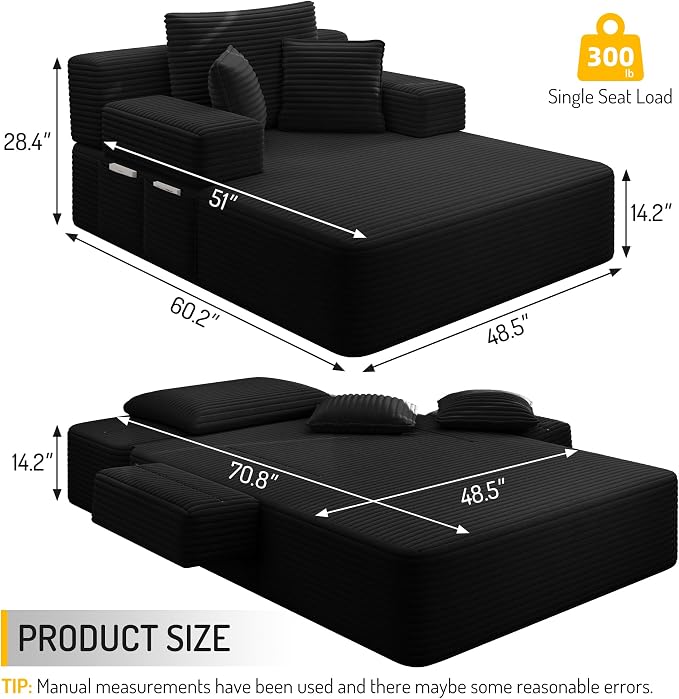 48.5" Oversized Chaise Lounge Chair Indoor, 3-in-1 Convertible Sleeper Sofa Bed, Plush Corduroy Boneless Chaise with 3 Pillows & Side Pockets, Adjustable Back/Armrest for Living Room -Black