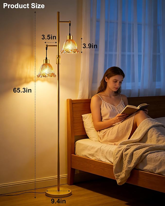 2-Light Modern Glass Floor Lamp, Gold Tall Standing Lamp with Amber Bell Glass Shade for Reading, Dimmable LED Floor Lamp with 5Lbs Heavy Base for Living Room Bedroom Home Decor, Bulb Included