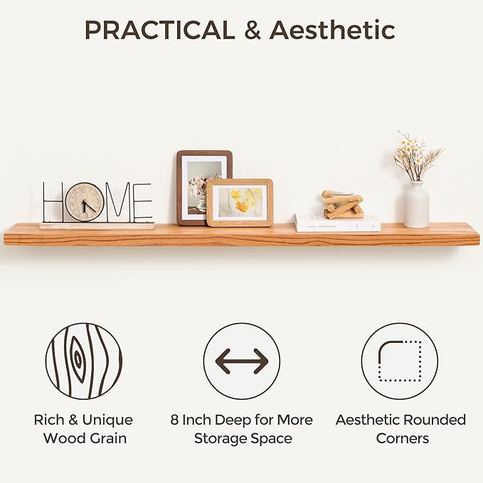 Fun Memories 40 Inch Floating Shelves, Rustic Solid Wood Wall Shelves Set of 2, 8 Inch Deep Floating Shelf for Bathroom, Bedroom, Heavy-Duty Wooden Shelf Wall-Mounted for Home Decor & Storage