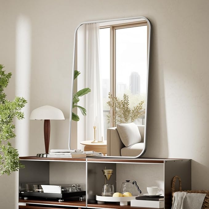 BEAUTYPEAK Wall Mounted Bathroom Mirror - 20" x 28" Silver Rectangular Aluminum Alloy Frame Mirror with Rounded Corners