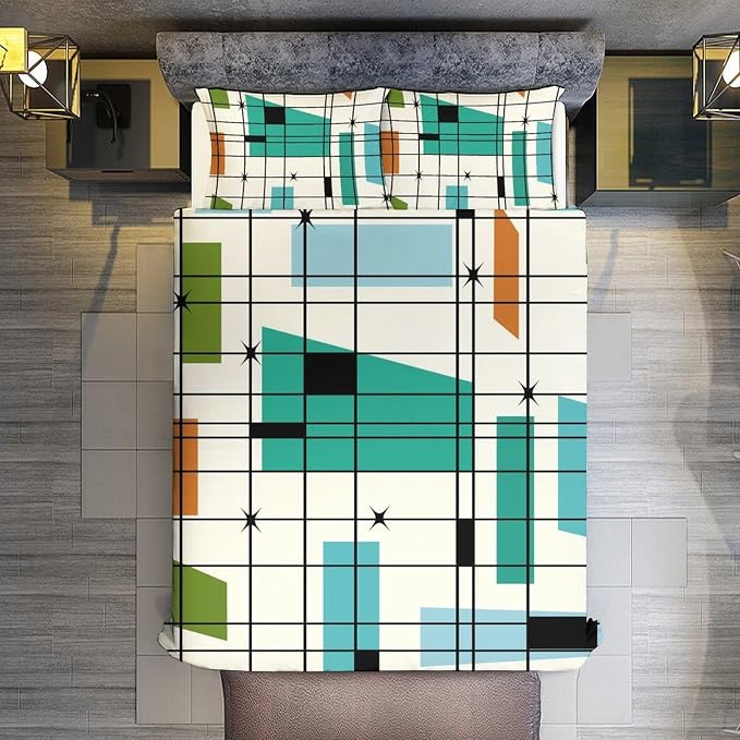 Mid Century Duvet Cover Sets Aesthetic Abstract Geometric Mid Century Retro Printed Lightweight Soft Quilt Cover Minimalist Soft Microfiber 3 Piece (1 Duvet Cover 90x102in + 2 Pillow Sham 20x30in)