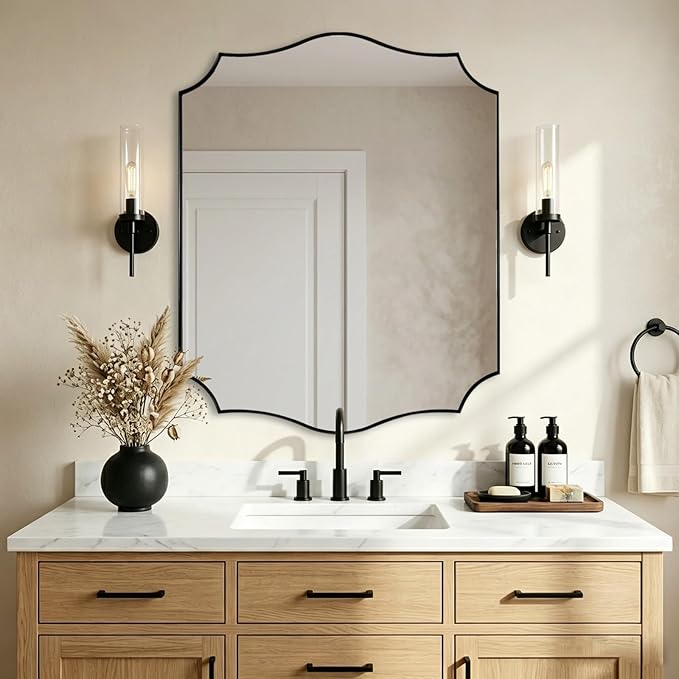 ANDY STAR 24"x30" Black Scalloped Mirror, Bathroom Mirrors for Over Sink, Black Framed Mirror with Elegant Curved Scallop Design, Premium Stainless Steel Thin Frame, Hangs Horizontally or Vertically