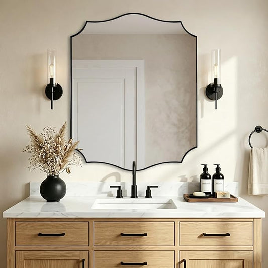 ANDY STAR 24"x30" Black Scalloped Mirror, Bathroom Mirrors for Over Sink, Black Framed Mirror with Elegant Curved Scallop Design, Premium Stainless Steel Thin Frame, Hangs Horizontally or Vertically
