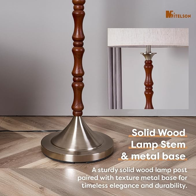 LED Floor Lamp, Mid Century Lamp with Drum Shade, Great Living Room Décor, Rustic Retro Tall Lamp, Modern Standing Lamp for Bedroom and Office, Adjustable Lighting, Walnut Wood Finish