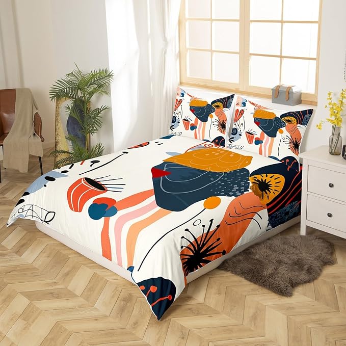 Minimalist Bedding Set Mid Century Minimalism Comforter Cover,Colorful Hand Drawn Duvet Cover Simplistic Geometrical Abstract Sketch King Bed Set,Multicolor Modern Graffiti Ombre Art Room Decor