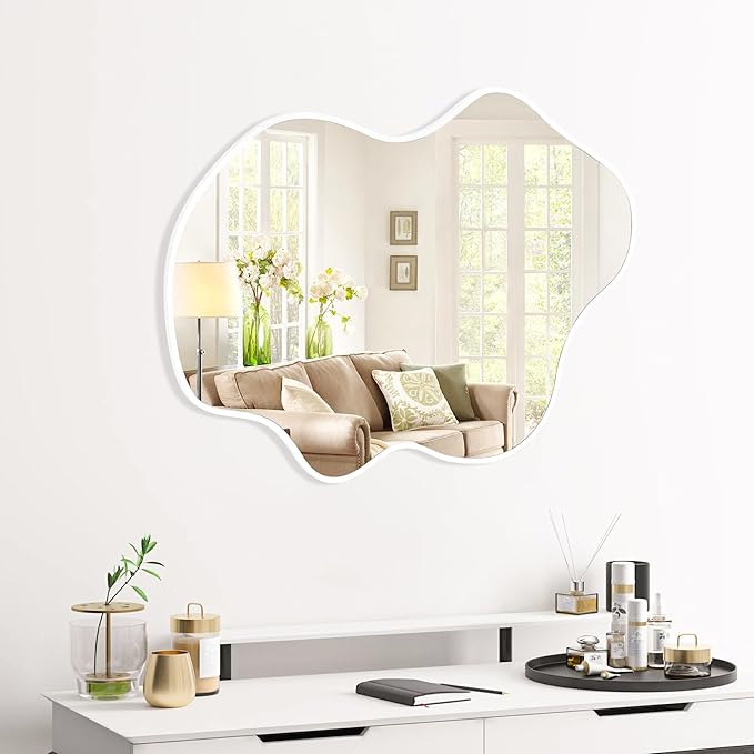 Tanmicoshomy White Irregular Wall Mirror 24x36 Inch, Cloud Shaped Frame Asymmetrical Wavy Mirror with Tempered Glass for Bathroom Bedroom Living Room or Entryway