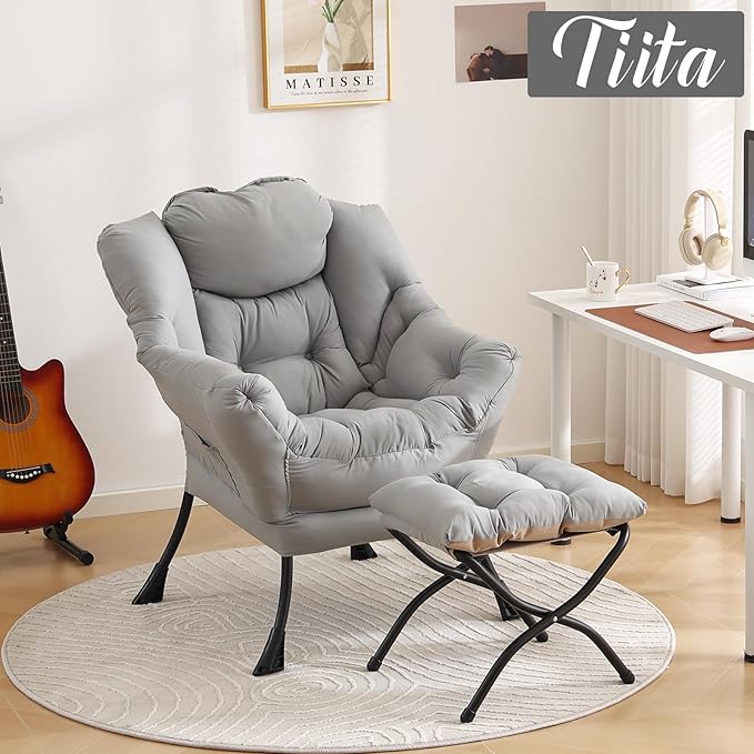 Tiita Lazy Chair with Ottoman, Light Grey Modern Large Accent Chair, Comfy Leisure Sofa Armchair with Ottoman, Reading Chair with Footrest for Bedroom, Living Room, Dorm Rooms, Peach Light Grey