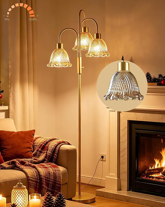 Lightdot 3-Light Glass Floor Lamp for Living Room, 70" Gold Dimmable Standing Tall Lamp with Amber Ribbed Glass Shades &3PCS 3000K Warm White Bulbs, Modern Tree Pole Lamp for Bedroom Home Decor