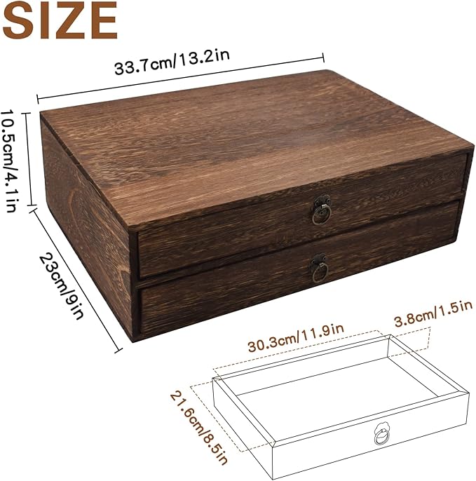 2-Drawer Wooden Desk Organizer Wood Desktop Storage Cabinet A4 File Cabinet Tabletop Storage Box Desk Drawer Organizer Paper Holder Carbonization for Home Office Workspace