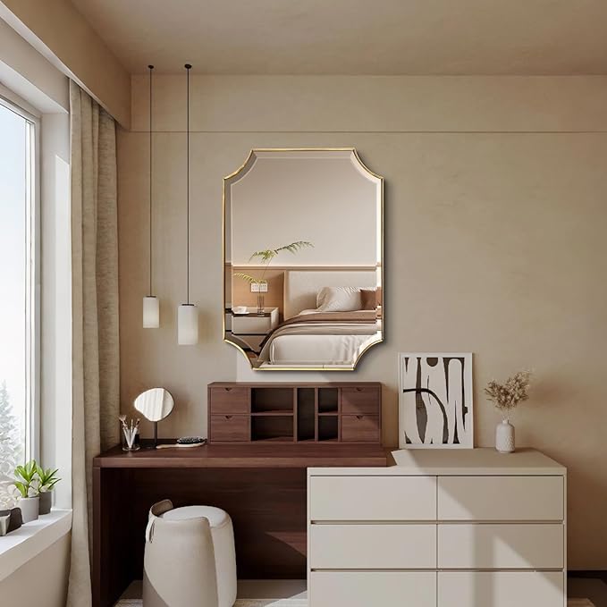 POZINO Brushed Gold Beveled Mirror, 22"x30" Brass Bathroom Vanity Mirror for Over Sink, Modern Rounded Rectangle Mirrors for Bedroom Living Room Fireplace Entryway, Hangs Horizontal Or Vertical
