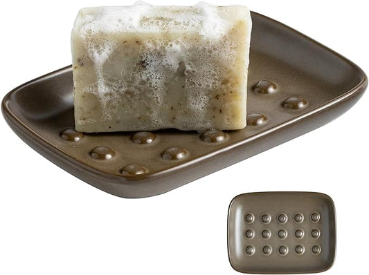 Soap Dish for Shower, Ceramic Bar Soap Holder, Soap Saver Non-Slip, Decorative Sponge Tray for Bathroom Kitchen Sink Bathtub, Multi-Purpose, Raised Pattern - Keep Soap Dry, Brown