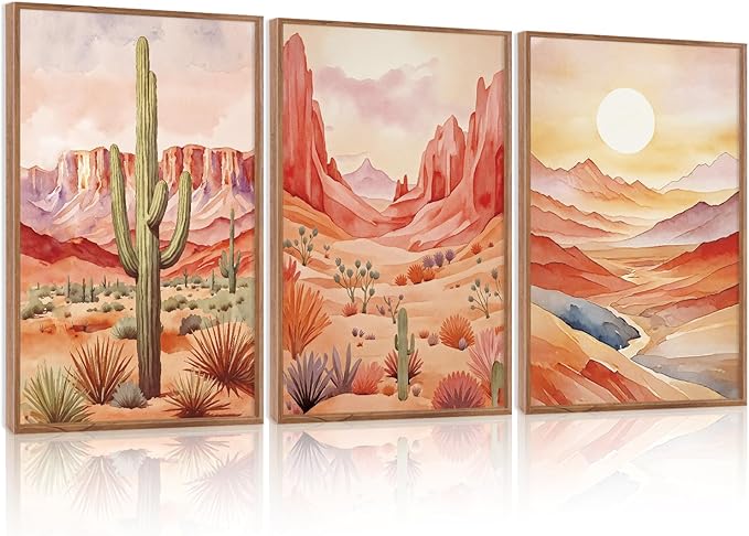 HLNIUC Boho Desert Plant Framed Canvas Wall Art Set,Southwestern Sun Mountain Wall Decor,Cactus Sunset Landscape Wall Painting,Watercolor Abstract Desert Art Prints for Living Room,Office - 24”x36”x3