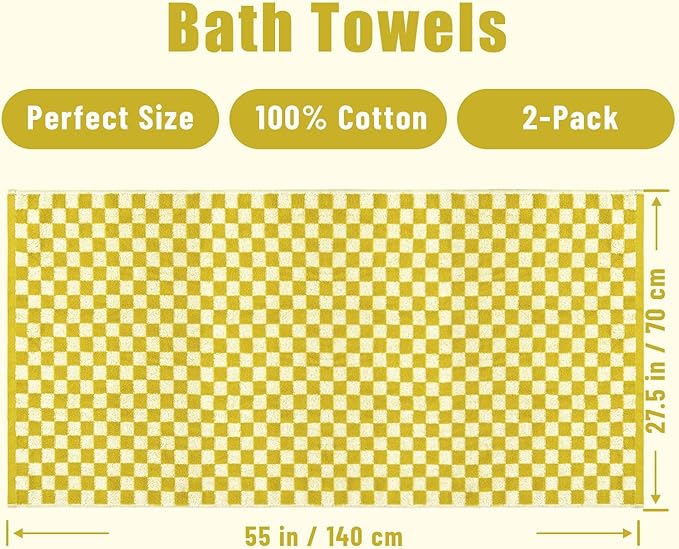 Jacquotha Luxury Bath Towels - Pack of 2 Cotton Fall Bathroom Towels Sets for Body Drying 55x27.5 Inches, Mustard Yellow Checkered
