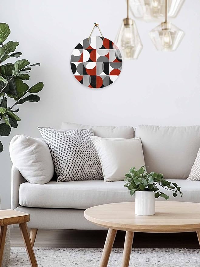 Welcome Sign for Front Door Mid Century Geometric Wood Door Hanger for Outdoor Outside Porch,12 Inch Round Wooden Wreath Indoor Wall Hanging Decoration, Abstract Modern Red