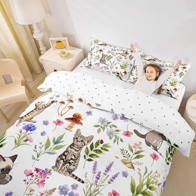 Erosebridal Cute Cat Bedding Set Full Kitten Cat Lovers Duvet Cover Nature Watercolor Florals Comforter Cover for Kids Girls Boys Adults Pet Animals Bed Set