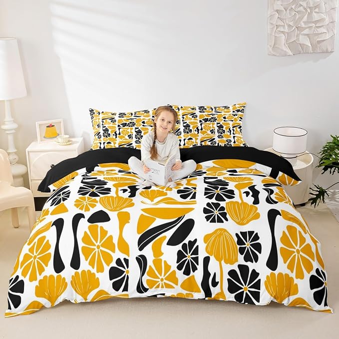 Erosebridal Boho Abstract Yellow Floral Bedding Set Queen Mid Century Plants Duvet Cover Modern Abstract Geometric Patchwork Comforter Cover For Kids Adults,Vintage Aesthetic Botanical Flowers Bed Set